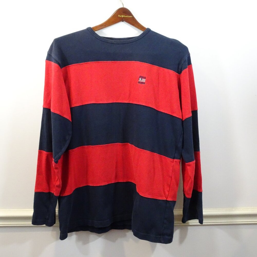 Vintage Polo Jeans Ralph Lauren Rugby Size M Navy Red Striped Y2K Long Sleeve